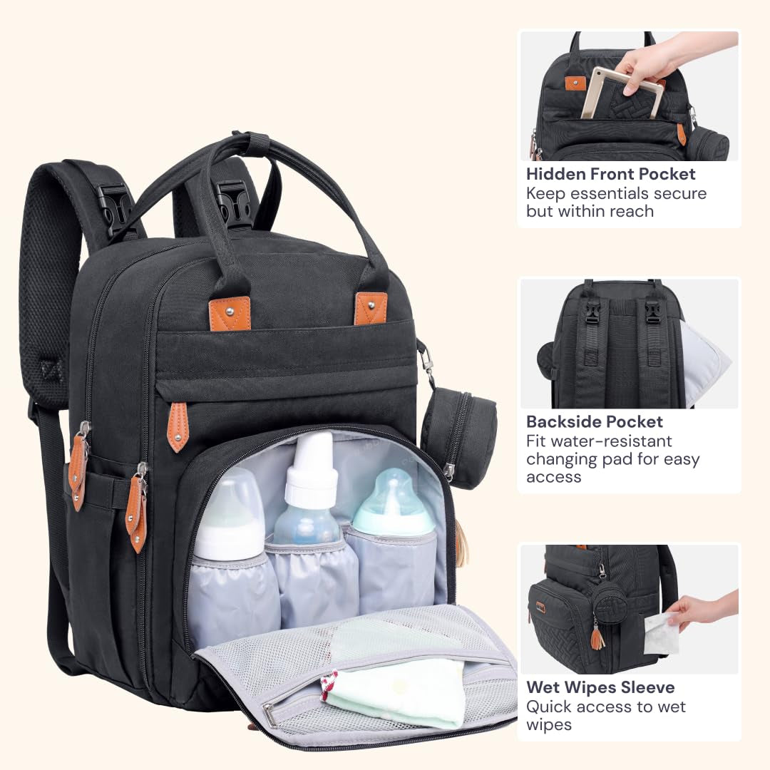 Diaper Bag Backpack - Tote - Multi Function Waterproof Diaper Bag, Travel Essentials Baby Bag with Changing Pad, Stroller Straps & Pacifier Case - Unisex, Black